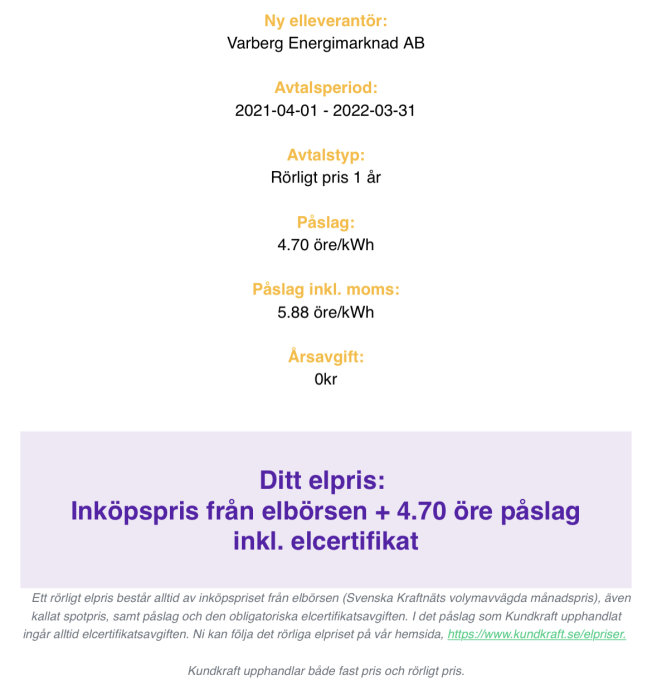 Avtal om rörligt elpris med Varberg Energi inkluderar spotpris och påslag, fastställt av Kundkraft.