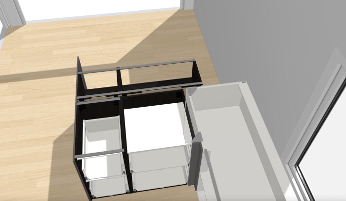 3D-rendering av ett hörnskåp i ett kök vid en yttervägg som kan användas för ventilation.