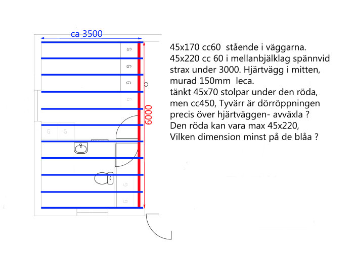 Handritad skiss av husplan med mått och bjälklagskonstruktion för öppet loft och stödsystem.