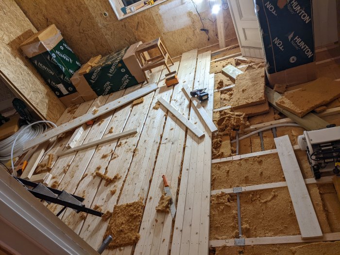Pågående byggprojekt med 28x70 träreglar som delvis skruvats på isoleringsmaterial, verktyg syns.