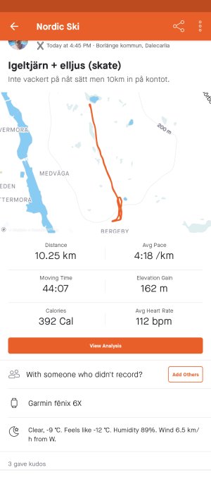 Skärmavbild av aktivitetsapp med karta över skridskotur på Igelstjärn, distans, tid, tempo, höjdvinst och väderinfo.