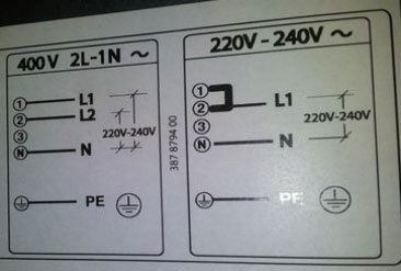 Elschema som visar anslutning av 400V 2L1-N till 220V-240V och hur en enfas induktionshäll ansluts till 220V-240V.