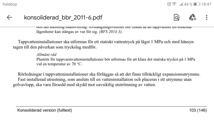 Skärmdump av en PDF-fil om riktlinjer för konstruktion av tappvatteninstallationer med text på svenska.