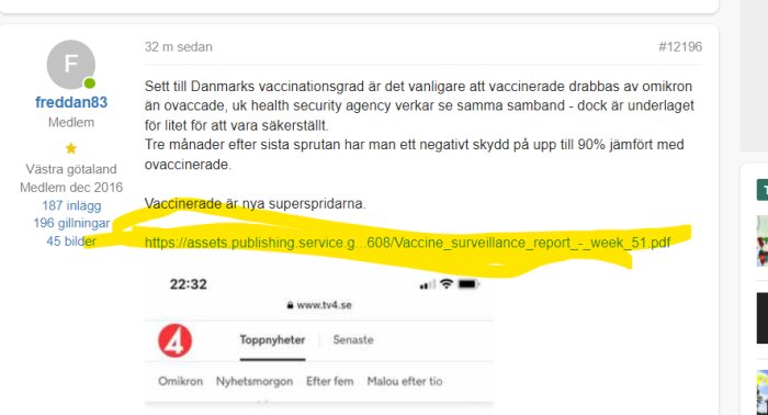 Skärmdump från ett diskussionsforum med markerad URL till en vaccinationsrapport.