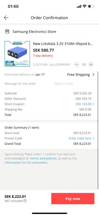 Skärmdump av orderbekräftelse för LiFePo4 batteri från Samsung Electronics Store med pris och rabatter.