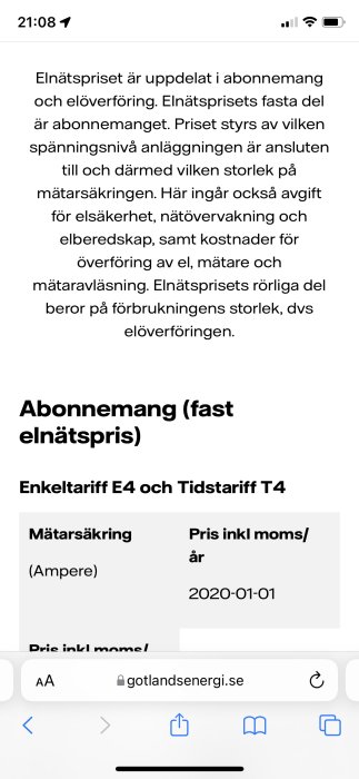 Skärmdump av Gotlands Energi webbsida om abonnemang och prissättning för enkeltariff E4 och tidstariff T4.