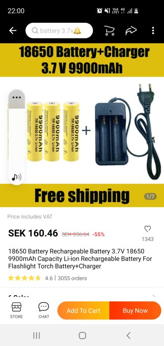 Reklamskärmbild för 18650-batteri och laddare med påstådd kapacitet på 9900mAh, diskonterat pris och betygsstjärnor.