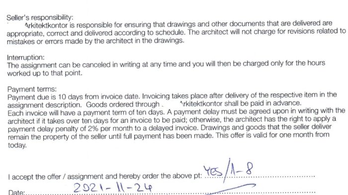 Close-up of a section from a construction contract detailing seller responsibilities, payment terms, and buyer's acceptance with a handwritten date and signature.