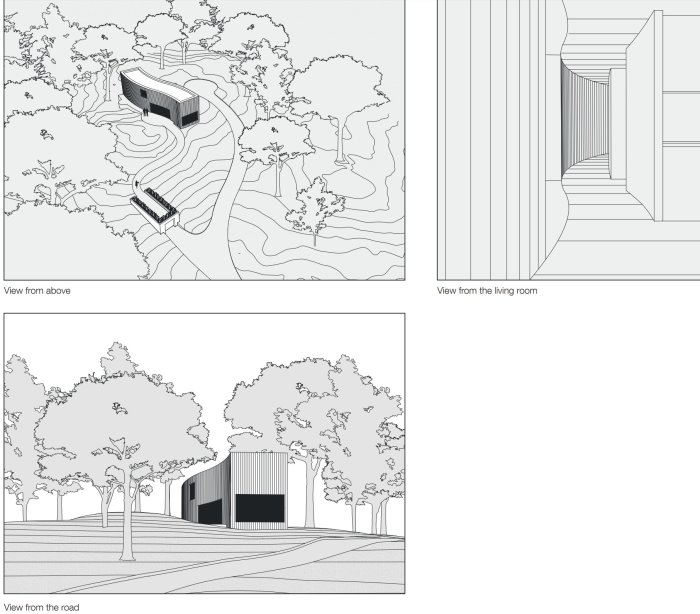 Architectural sketches showing house from above, view from living room, and view from road.