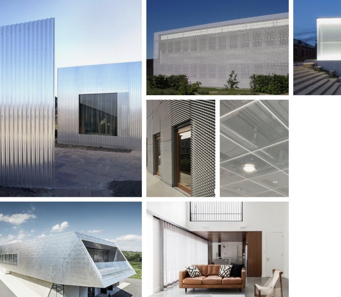 Collage av moderna arkitektoniska detaljer inklusive brisesoleil, dagsljusstrategier och superisolerade element.