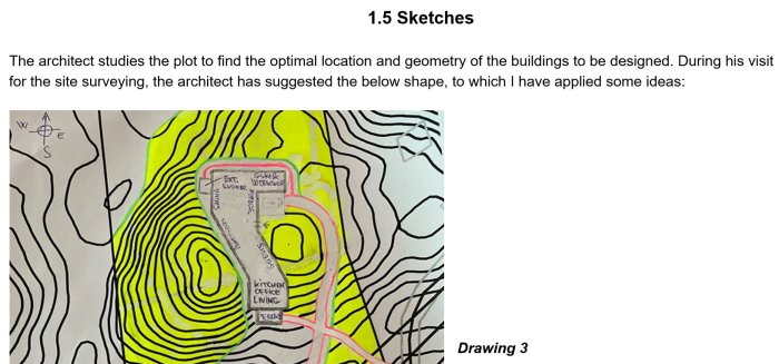 Illustration av skiss med föreslagen byggnadsplacering och form på en terrängkarta, med markerade områden för kök, kontor och vardagsrum.