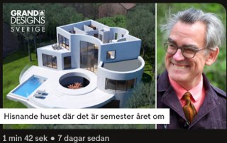 Skiss av ett modernt, böjt hus med pool och porträtt av leende man, från TV-programmet Grand Designs Sverige.