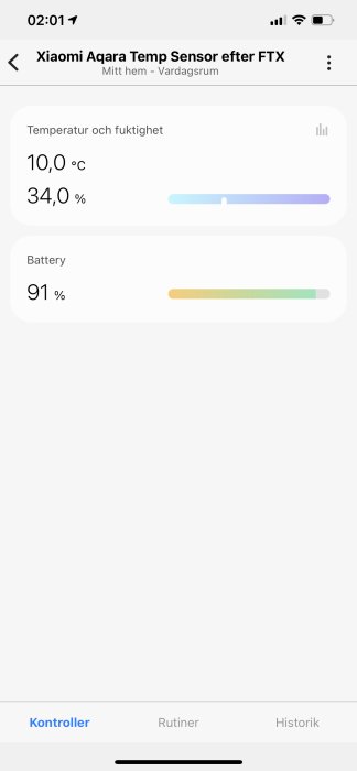 Skärmbild av en temperatur- och fuktighetssensor som visar 10,0 °C och 34,0 % luftfuktighet efter ett FTX-system.