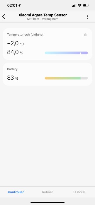 Skärmdump av Xiaomi Aqara temperatursensor visar temperatur -2°C och luftfuktighet 84% samt batteristatus 83%.