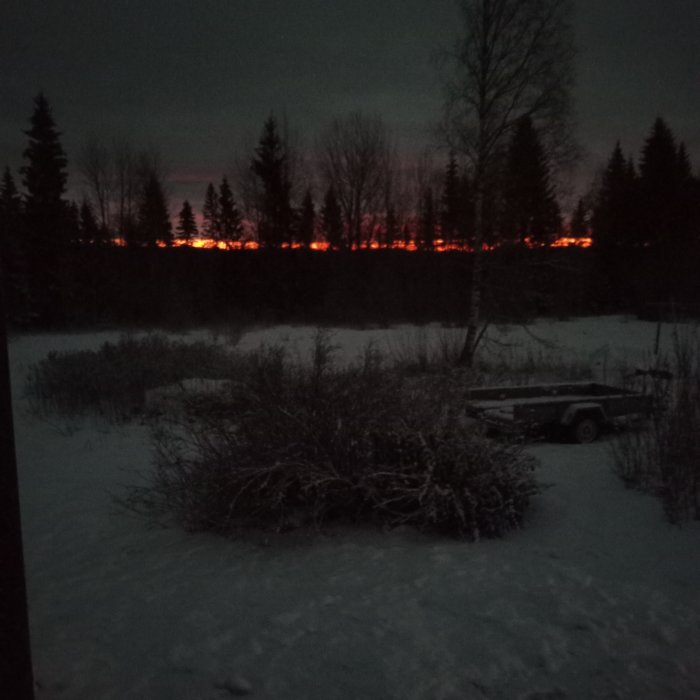 Vintervy med snö, träd och en släpvagn i skymningen med röd himmel i bakgrunden.