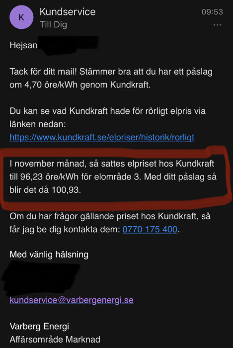 Skärmdump av e-post från Kundservice om elpriset satt av Kundkraft, med prisinfo och kontaktdetaljer.