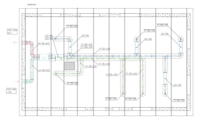 Ritning av ett FTX-ventilationssystem med markerade kanaler och don för till- och frånluft i en fastighet.