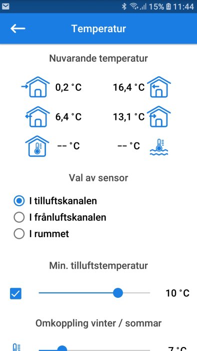 Appskärm som visar aktuella temperaturvärden i olika delar av ett hus med FTX-system.