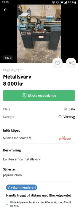 Emco metallsvärmaskin i verkstadsomgivning som säljs för 8000 kr.