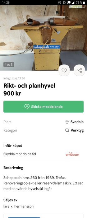 Gul och brun Scheppach hms 260 rikt- och planhyvel från 1989 på ett arbetsbord.
