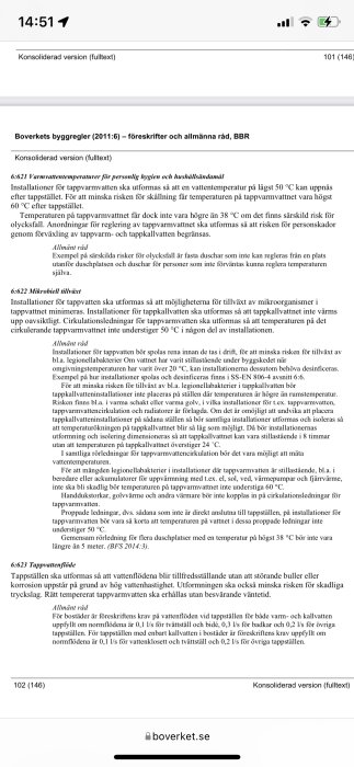 Skärmdump av Boverkets byggregler om bland annat varmvattenstemperatur och mikrobiell tillväxt i tappvatten.