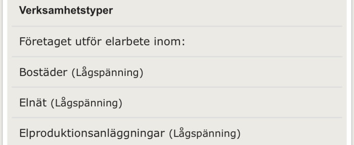 Skärmdump som visar typ av elarbeten företaget utför: Bostäder, Elnät och Elproduktionsanläggningar, alla med lågspänning.