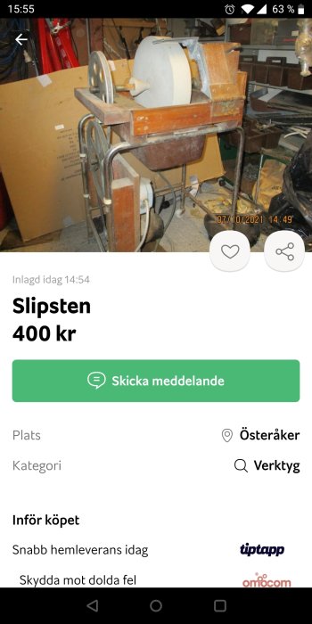 Använd begagnad slipsten med stativ och skydd i en verkstadsmiljö.