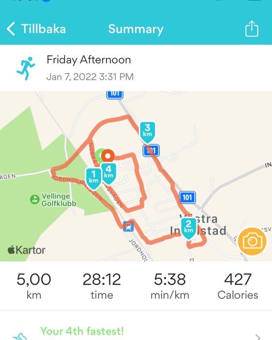 Skärmdump av en löpningsapp med karta som visar en avslutad 5 km löptur, tids- och kaloristatistik.
