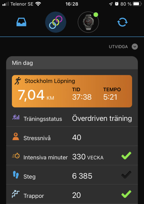 Skärmavbild av träningsapp som visar statistik för löpsträcka, tid, tempo och hälsodata som steg och trappor.