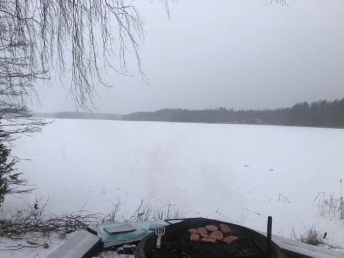 Grill med hamburgare vid en snötäckt sjö i Brevens bruk med träd i förgrunden.
