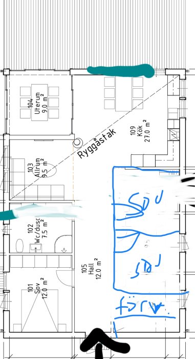 Ritning av en våningsplan med markerade förslag till ändringar, inklusive noteringar om avhängningsyta och entréer.