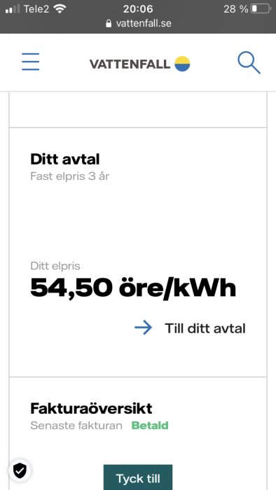 Skärmbild av en elräkningsöversikt på Vattenfall.se med pris och avtalsinformation.