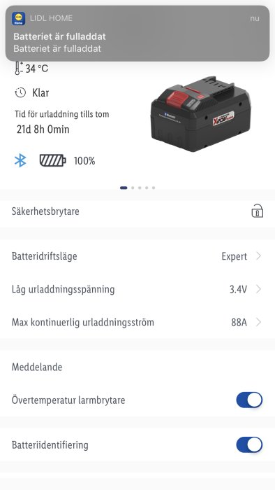 Skärmdump av Lidl Home-appen visar ett fulladdat Parkside batteri och olika batteriinställningar.