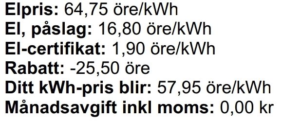 Detaljerad lista över elpriser och avgifter inklusive påslag, elcertifikat och rabatt som resulterar i ett specifikt kWh-pris.