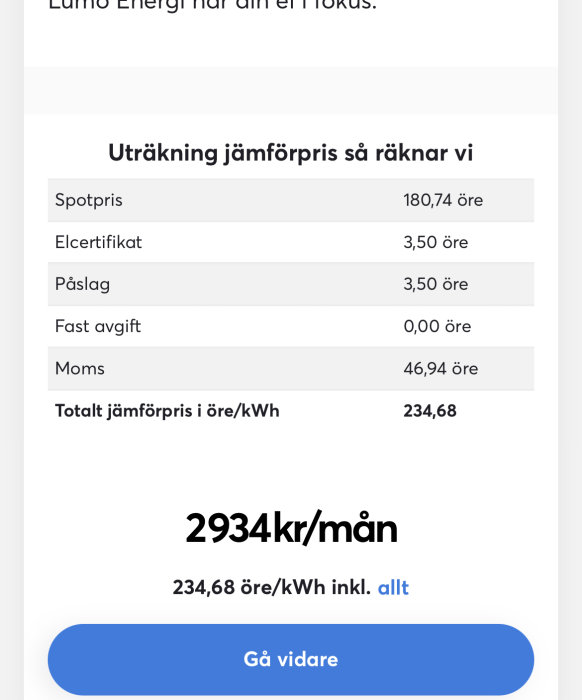 Skärmbild av elprisuträkning inklusive spotpris, påslag och moms, totalt 234,68 öre/kWh.