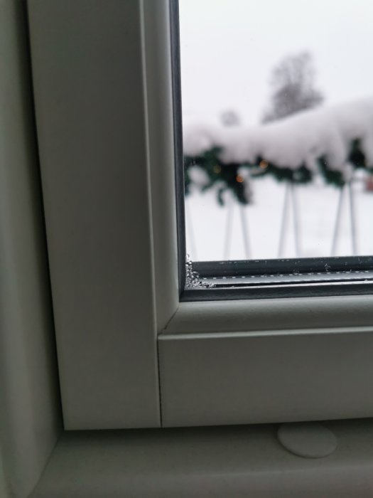 Kondens på insidan av ett fönster med utsikt över snötäckt landskap.