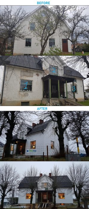 Före-och-efter-bilder av en renovering med ny PVC fasad på ett hus.