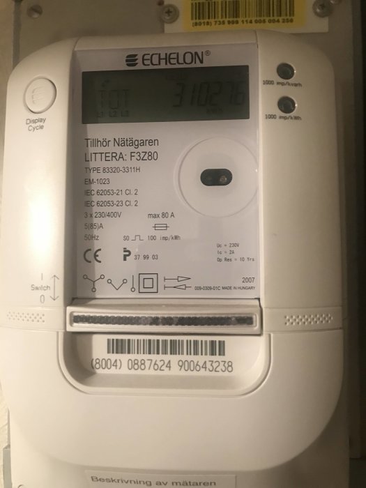 Elmätare med display som visar total förbrukning på 31026 kWh, märkt Echelon, med installationsdetaljer.