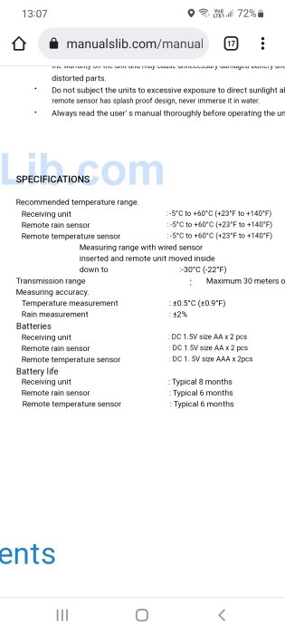 Skärmbild av väderstations manual från en webbplats med tekniska specifikationer och temperaturområden.