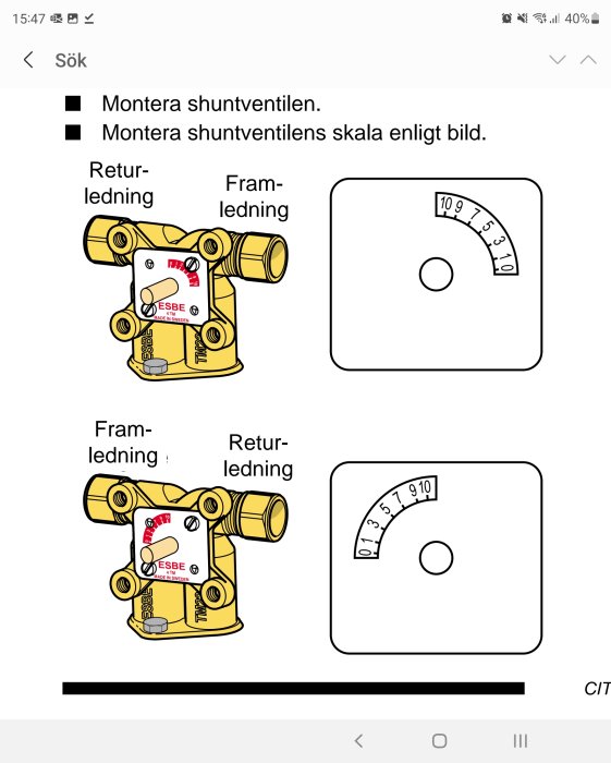 Illustration av ESBE shuntventil med riktningar för retur- och framledning samt separat skaldiagram.