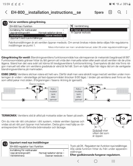 Skärmklipp av installationsinstruktioner för ventilstyrning med text och diagram.