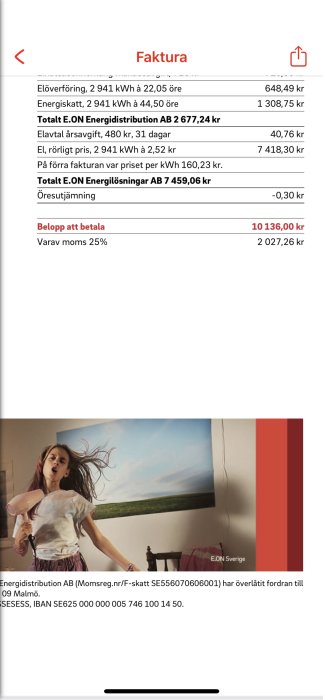 Elräkning för 2941 kWh med totalt belopp på 10 136 kr och notering om högre pris jämfört med föregående år.