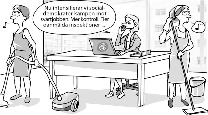 Illustration av tre personer på ett kontor, en sitter vid datorn och de andra två städar.