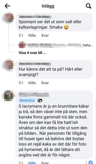 Skärmdump av diskussionsforum där användare diskuterar möjliga orsaker till en okänd substans, eventuellt kalkavlagringar.