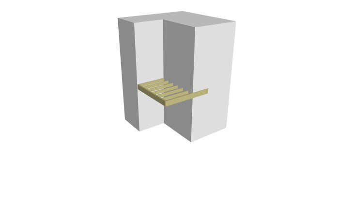 3D-skiss av en ytterväggshörna med en limträbjälke och stödjande balkar.