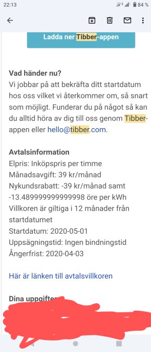 Skärmbild av mobil med elavtal, inkluderar prisinformation och kontaktuppgifter.