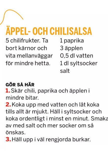 Recept på äppel- och chilisalsa med ingredienser och tillagningsinstruktioner.