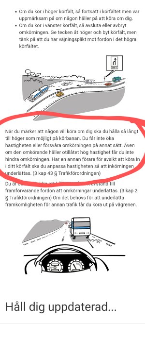 Illustration av vägscenario med regler för omkörning, inkluderande bilar och en lastbil i olika körfält.