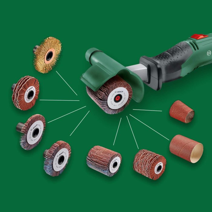 Bosch Texoro slipverktyg med roterande borstar och olika sliprullar på en grön bakgrund.