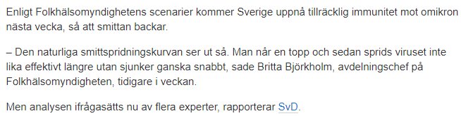 Text från nyhetsartikel om Folkhälsomyndighetens uttalande angående immunitet mot omikronvarianten av coronaviruset.